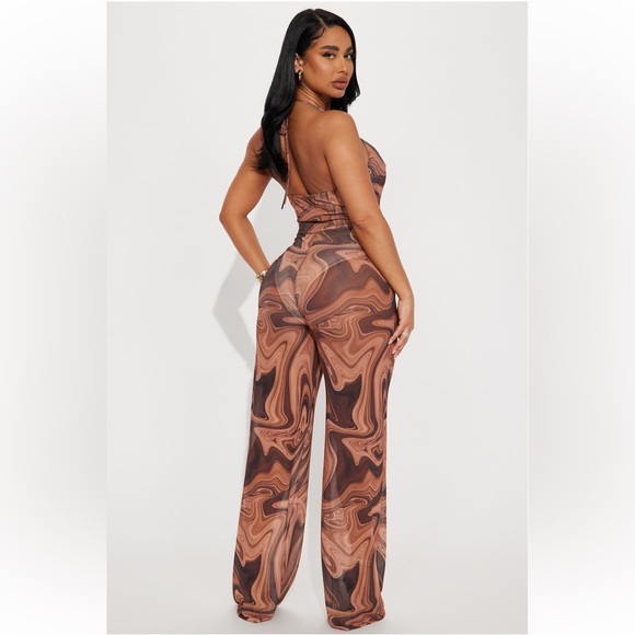 FashionNova All The Mesh brown halter jumpsuit - Picture 2 of 5
